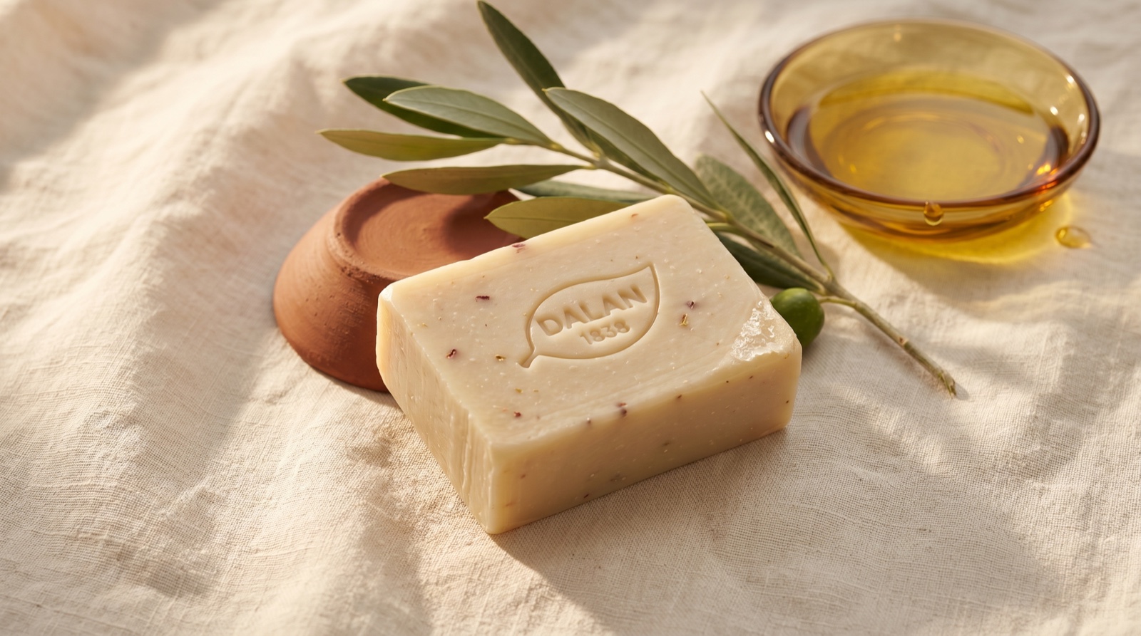Handmade DALAN 1838 olive-oil soap bar on cream linen with fresh olive branch, amber glass dish of cold-pressed olive oil, and matte terracotta ceramic. Editorial Mediterranean still life. Imtrex Inc., exclusive US importer since 1999.