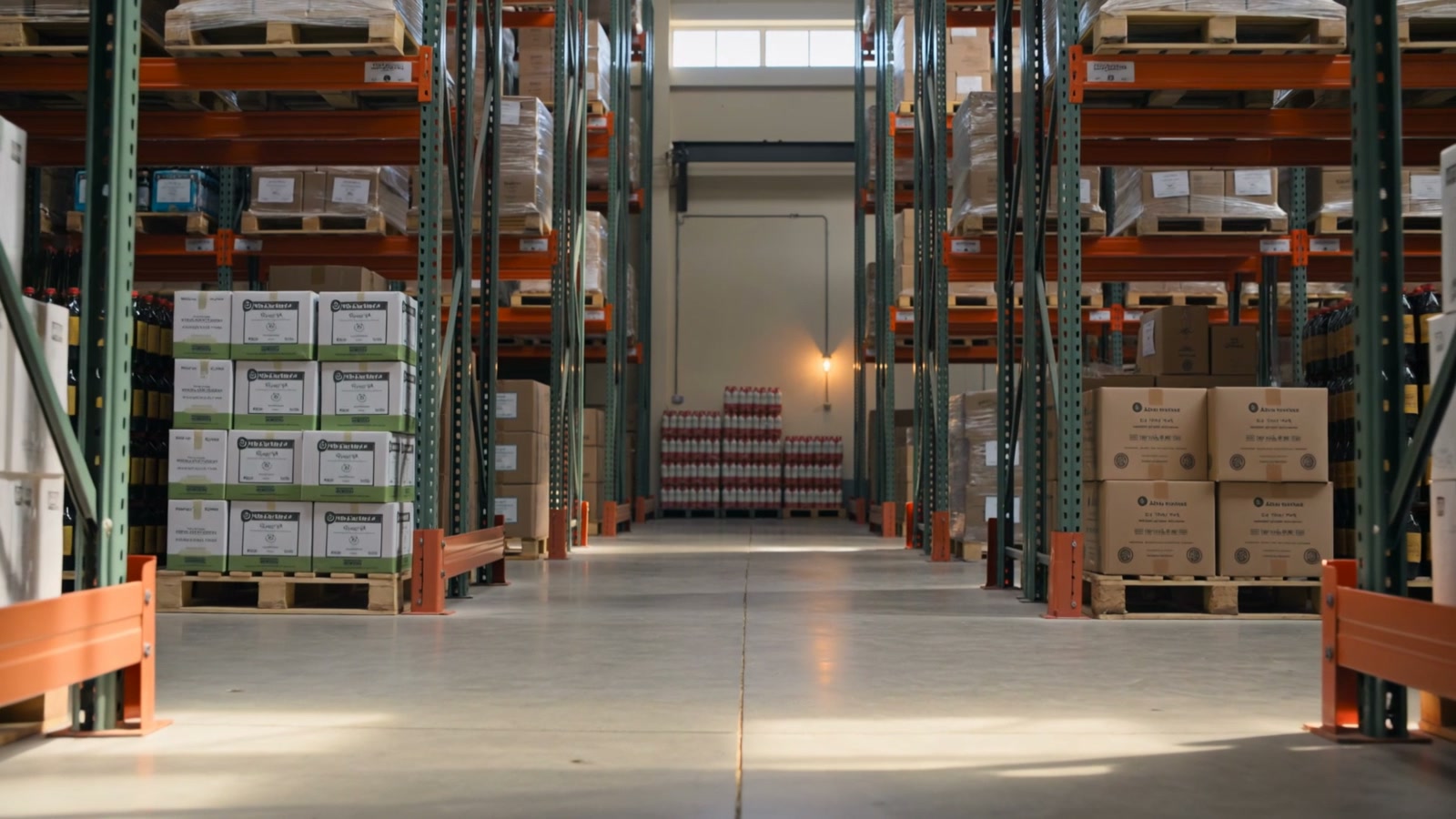 Imtrex distribution warehouse aisle stacked with cases of Turkish and Mediterranean personal care and pantry goods. Exclusive US importer since 1999, Fair Lawn, NJ.