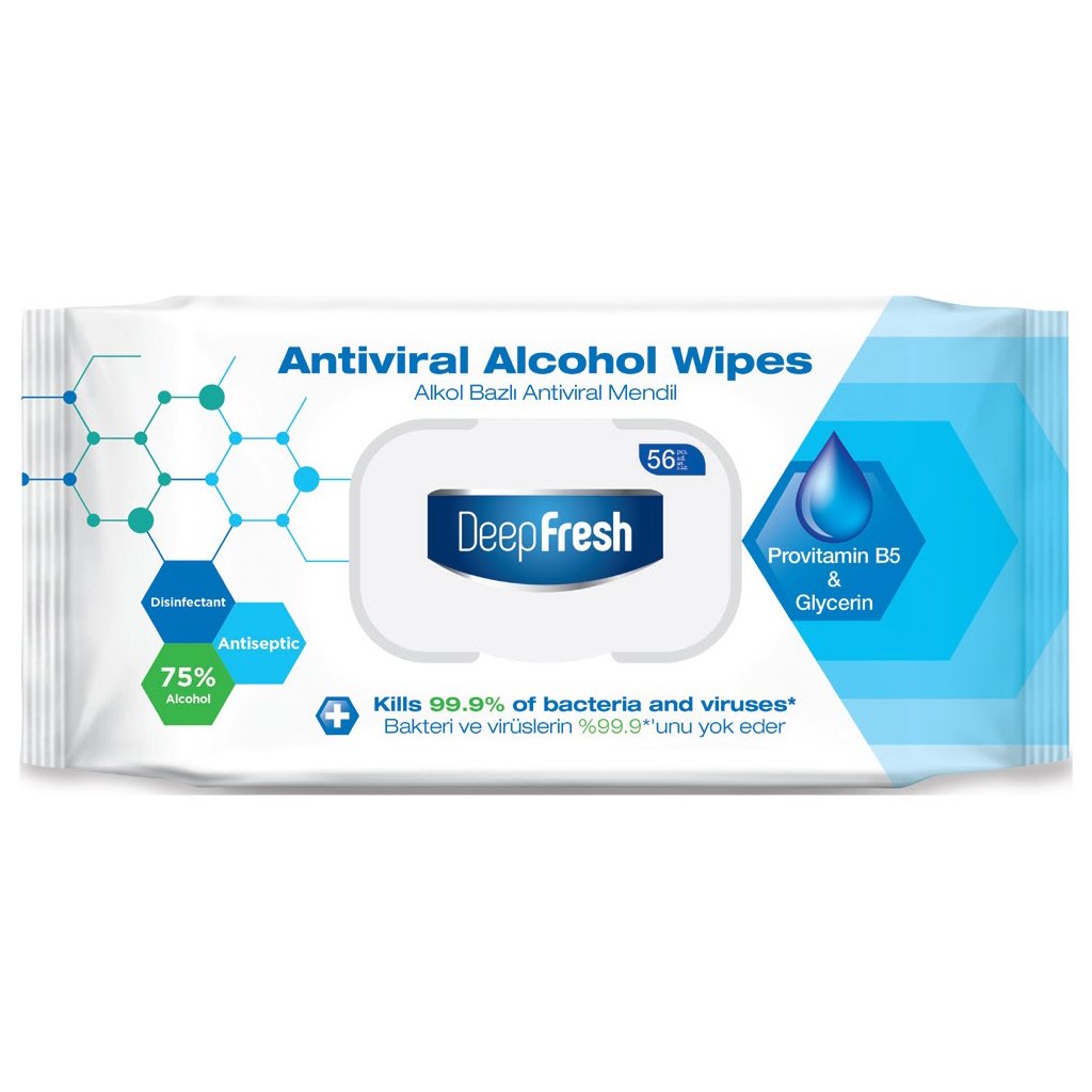Deep Fresh antiviral alcohol wipes — 75% alcohol, kills 99.9% of bacteria and viruses, exclusive US import by Imtrex Inc.