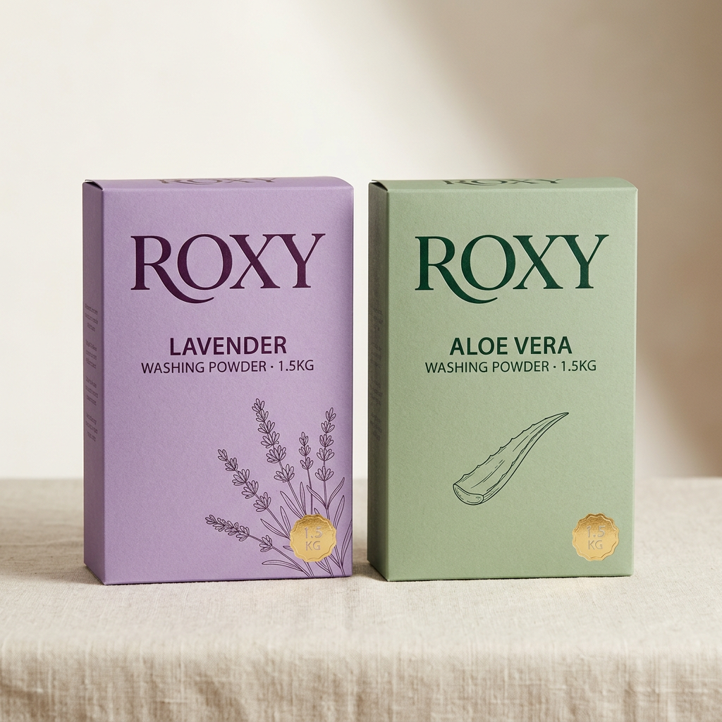 Roxy Lavender and Aloe Vera washing powder boxes — Turkish laundry detergent, 1.5 kg, exclusive US import by Imtrex Inc.